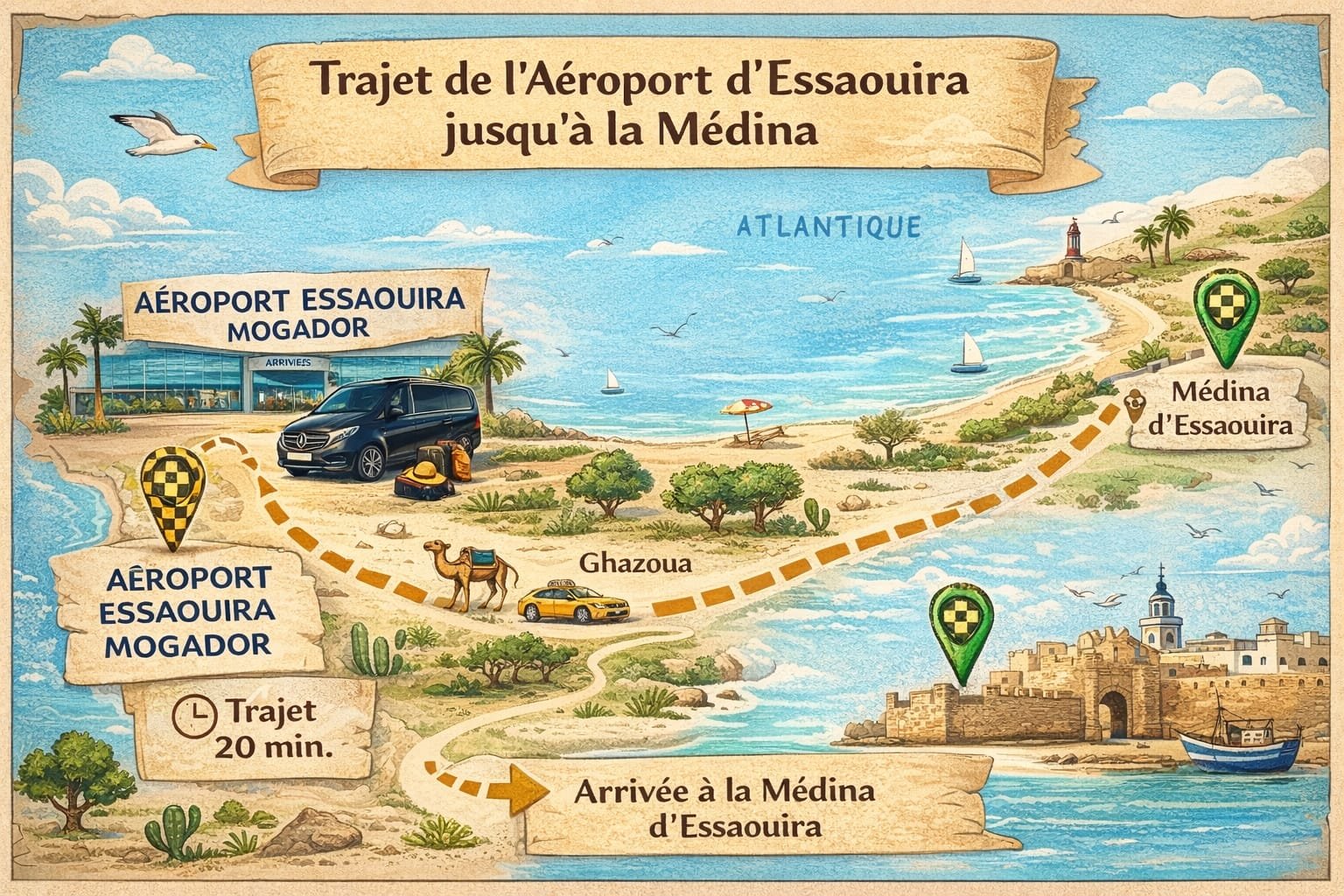 Carte trajet taxi aéroport Essaouira Mogador vers médina Essaouira