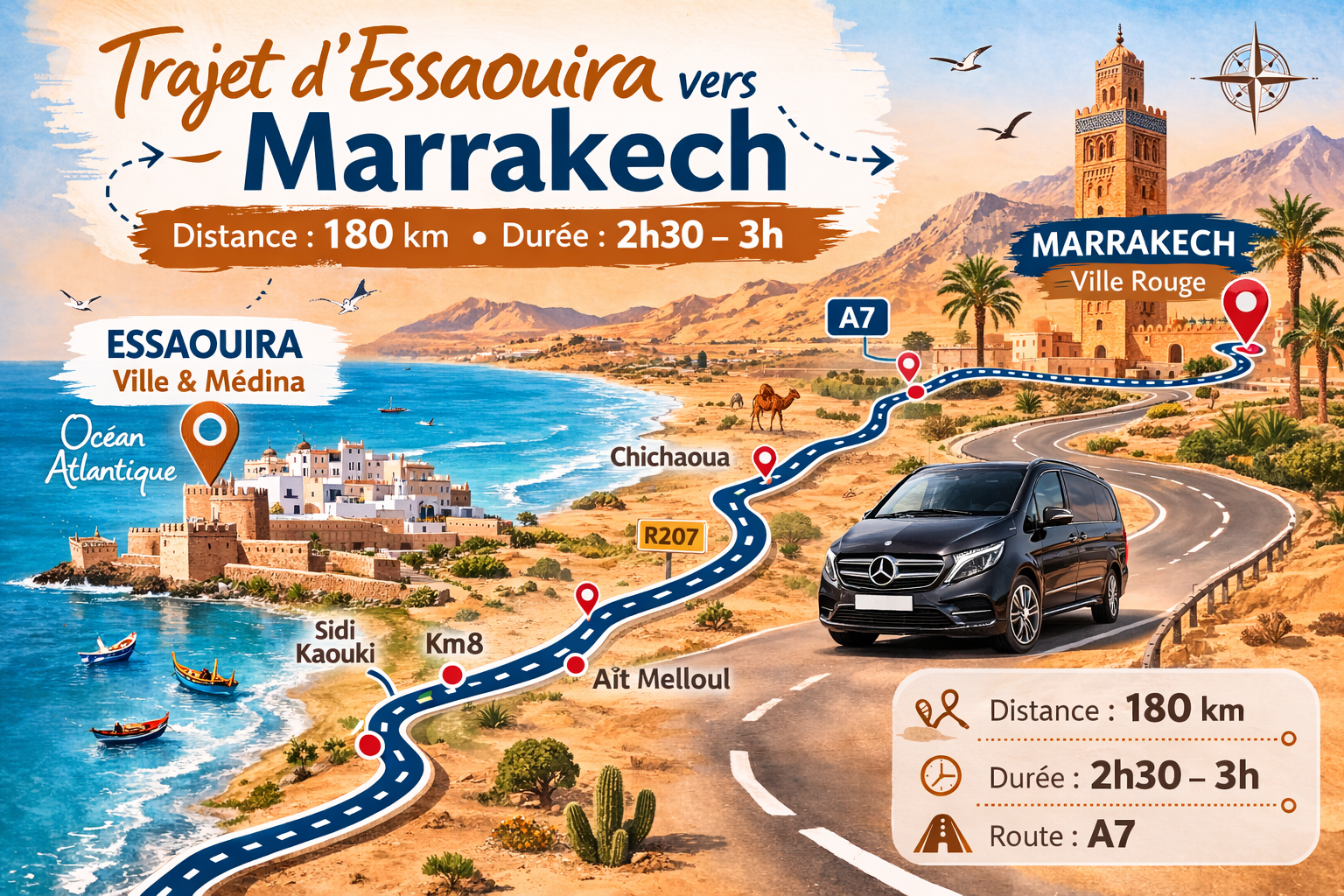trajet taxi Essaouira vers Marrakech
